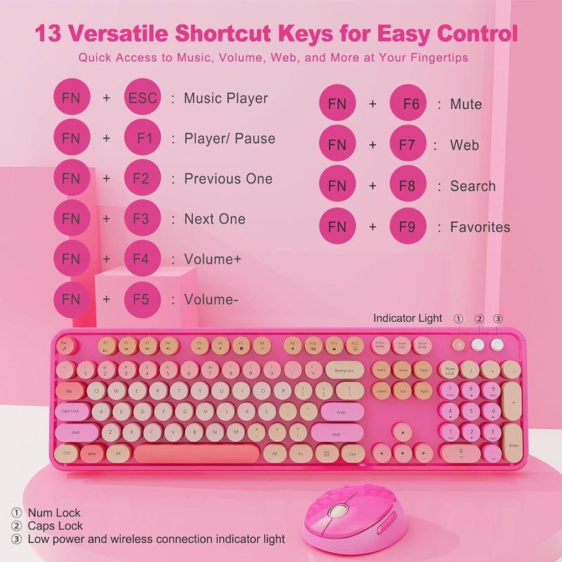 Nowlike Wireless Keyboard and Mouse Combo, Retro Typewriter Keyboard with Round Keycaps, Full-Size Ergonomic, Red, Ideal for Windows PC, Home, Office, and College, Wireless Keyboard Mouse Combo - Image 3